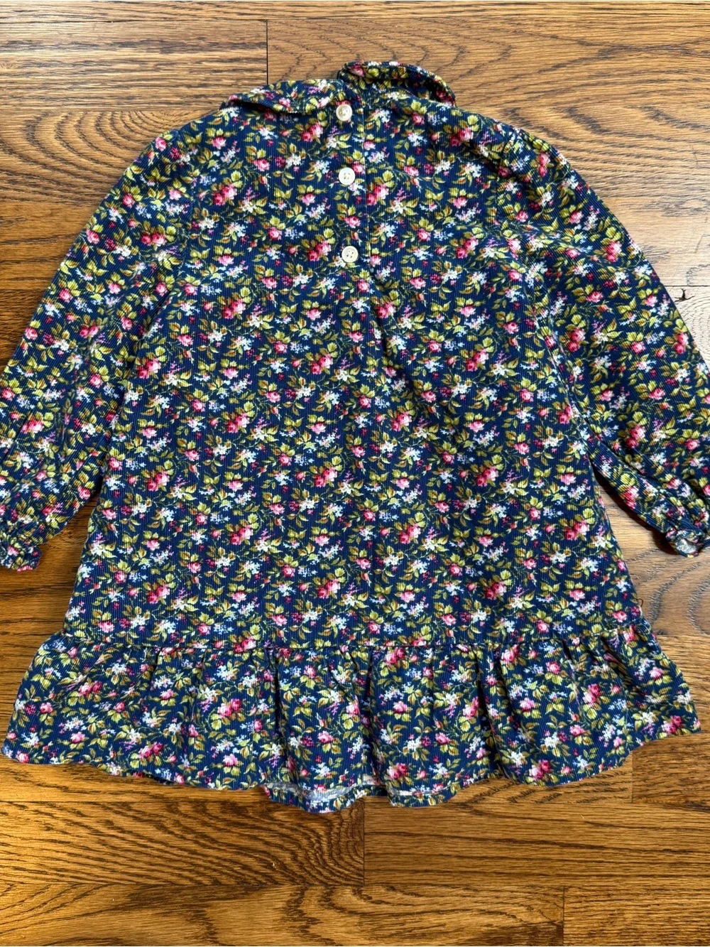 Ralph Lauren Girls Navy Calico Floral Ruffled Hem Corduroy Long Sleeve Dress 12M